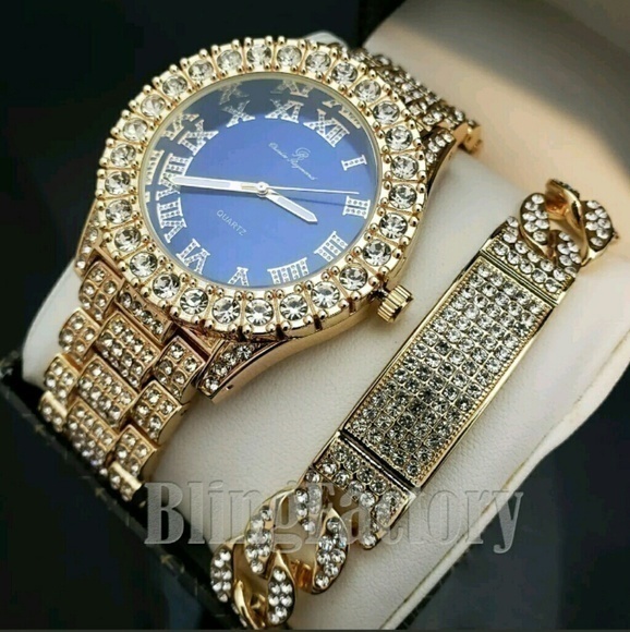 MEN'S ICED HIP HOP BLUE FACE WATCH & FULL ICED NEC - Picture 6 of 8